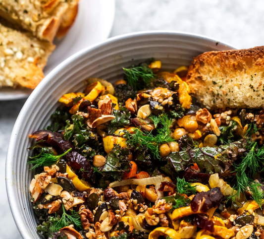 Roasted Pumpkin & Kale Salad with Crispy Chickpeas & Maple Nut Brittle