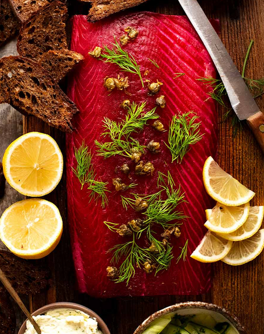 beetroot and gin cured salmon